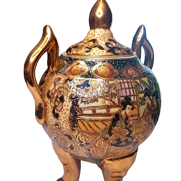 Antique Chinese Tripod Incense Burner Hand Painted Porcelain Gold Gilded Vase - Picture 5 of 14